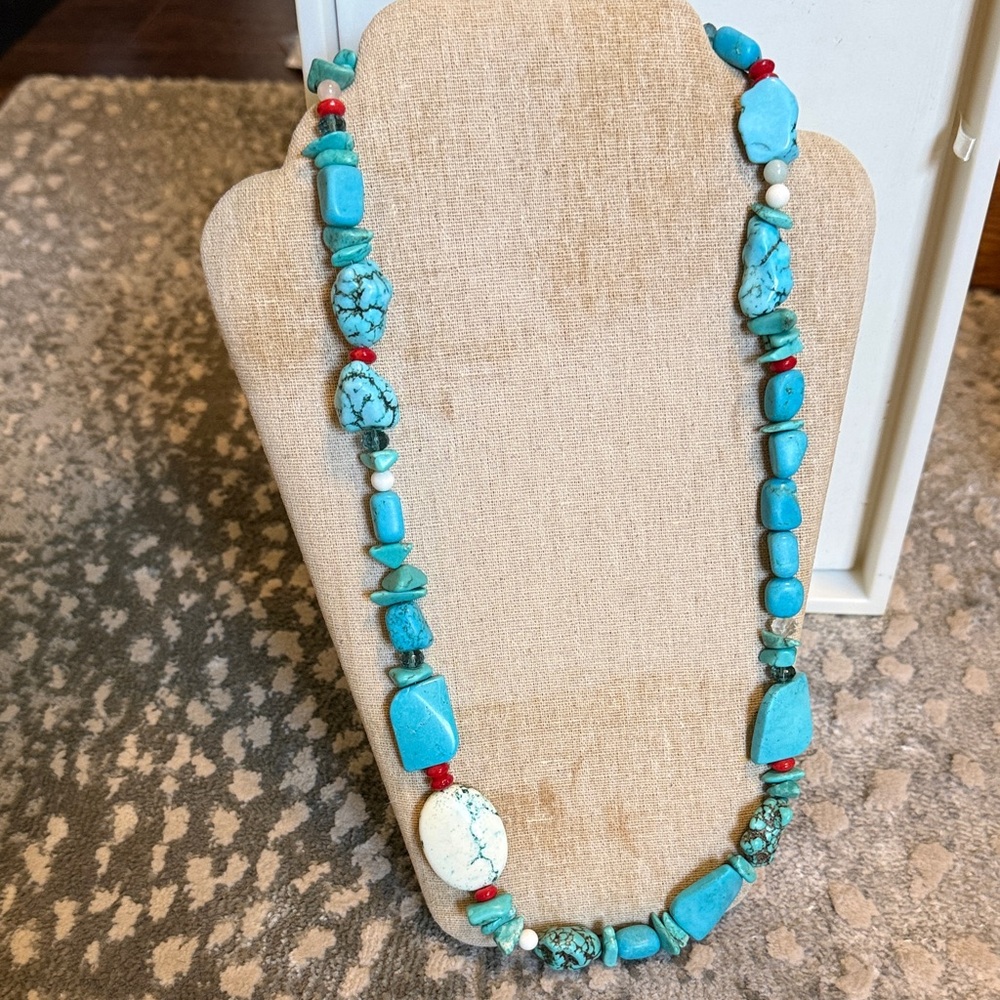 Turquoise Beaded Necklace with Red Accents - Women Jewelry